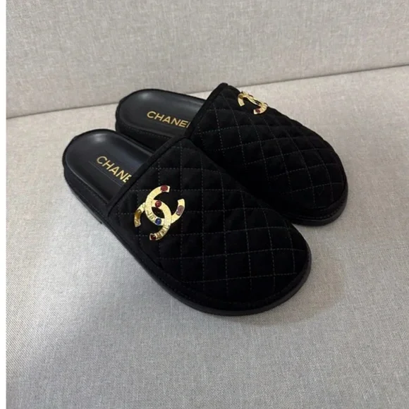 Chanel Black Quilted Slippers with Gold Logo - Picture 2 of 3